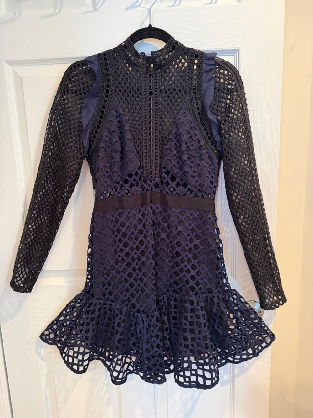 Self-Portrait Navy and Black Long-Sleeve Lace Fit & Flare Dress